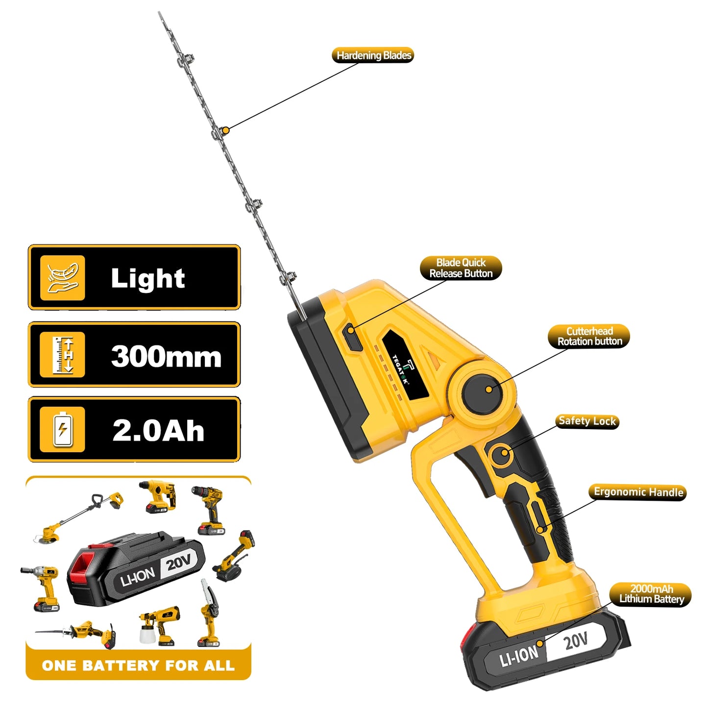 TEGATOK 2-In-1 Electric Hedge Trimmer With Extension Pole Cordless