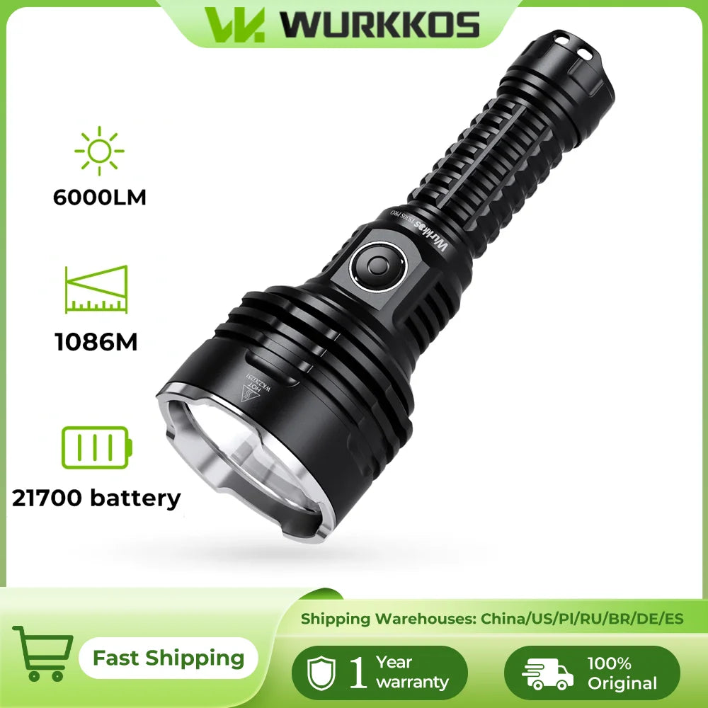 Wurkkos TS30S Pro 21700 Rechargeable Tactical Flashlight  LED USB-C 6000Lm Torch MAX 1086M Stainless Bezel Anduril 2 Power Bank