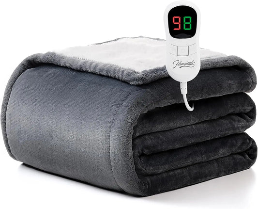 Electric Heated Blanket Twin Size 62x84 Inches with Auto-Off Timer, 10 Heat Levels, Overheat Protection, Flannel Sherpa Material