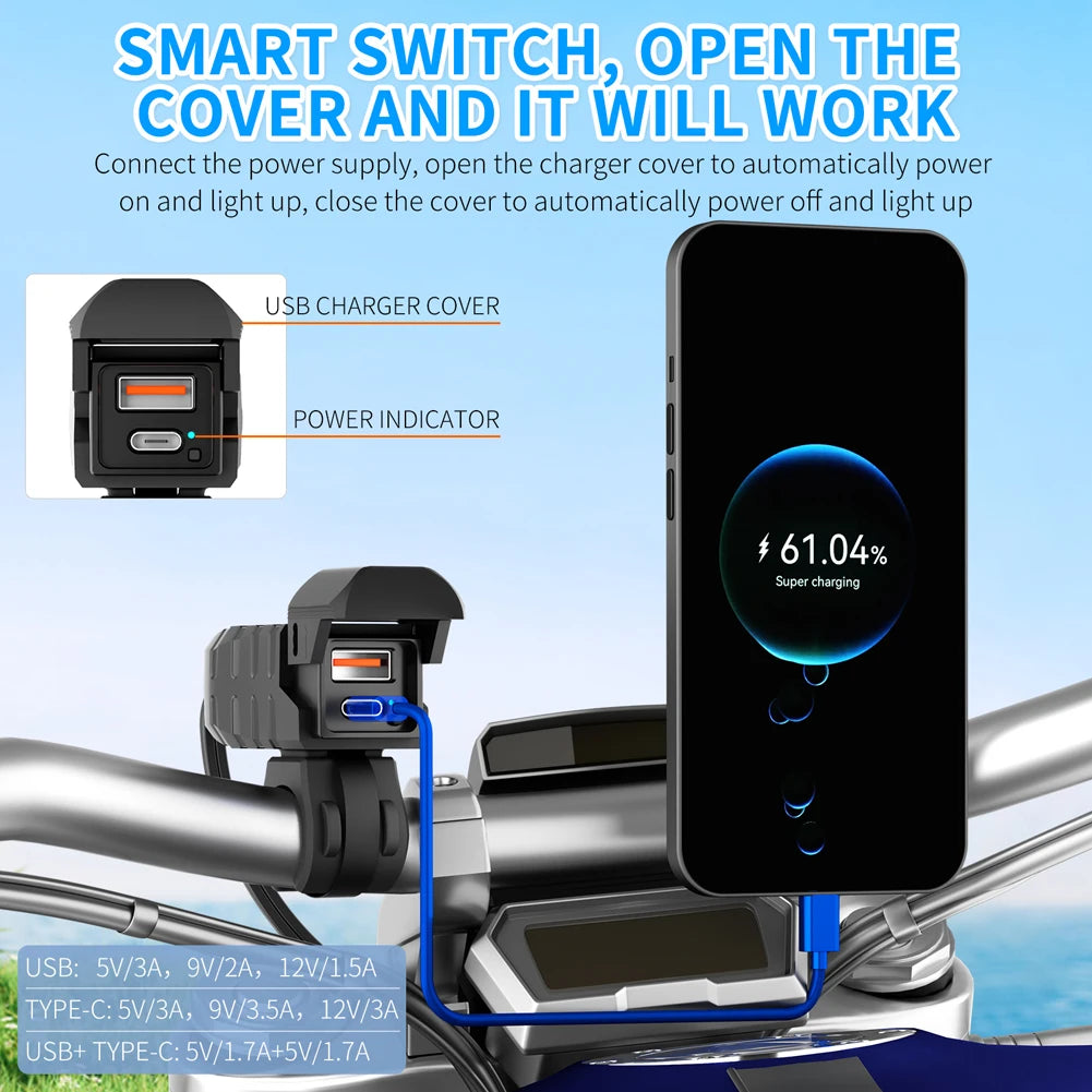 PD QC3.0 Motorcycle USB Fast Charger Handlebar USB Socket Charger Waterproof 12V Power Supply Adapter Motorcycle Accessories