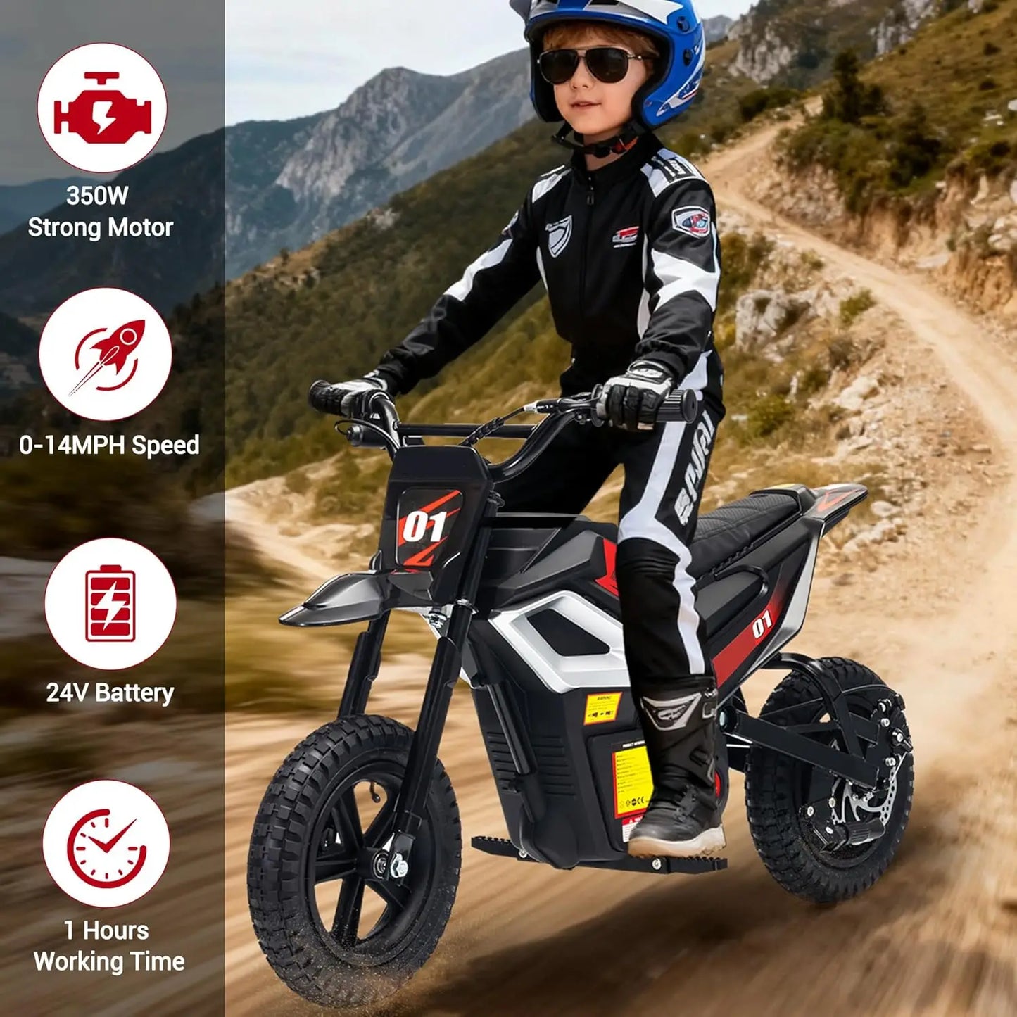 24V Electric Dirt Bike, 350W Kids Electric Motorcycle, Up to 14MPH & Max 130lb with Key Start, Throttle Grip, Manual Rear Brake