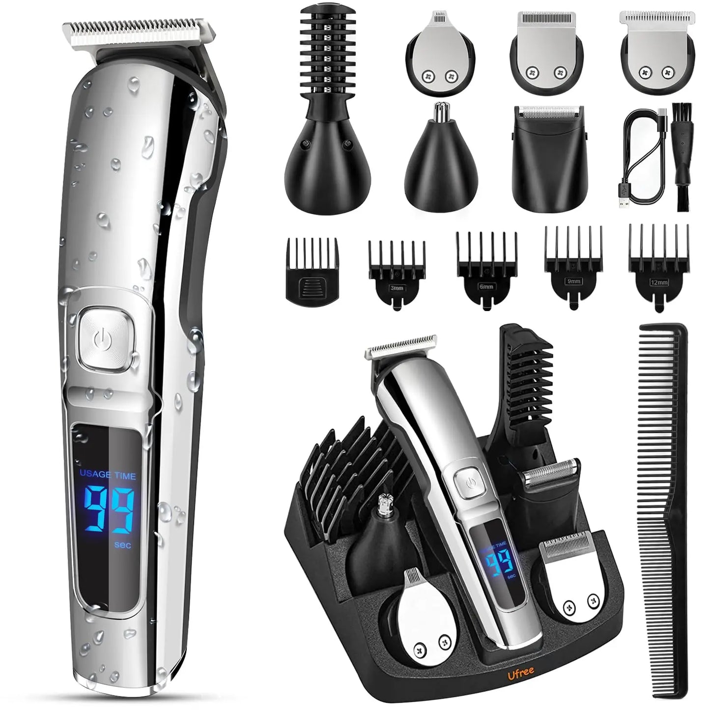 Ufree Beard Trimmer for Men, Waterproof Electric Razor for Nose, Body, Face & Mustache, Cordless Hair Clippers Shavers Grooming