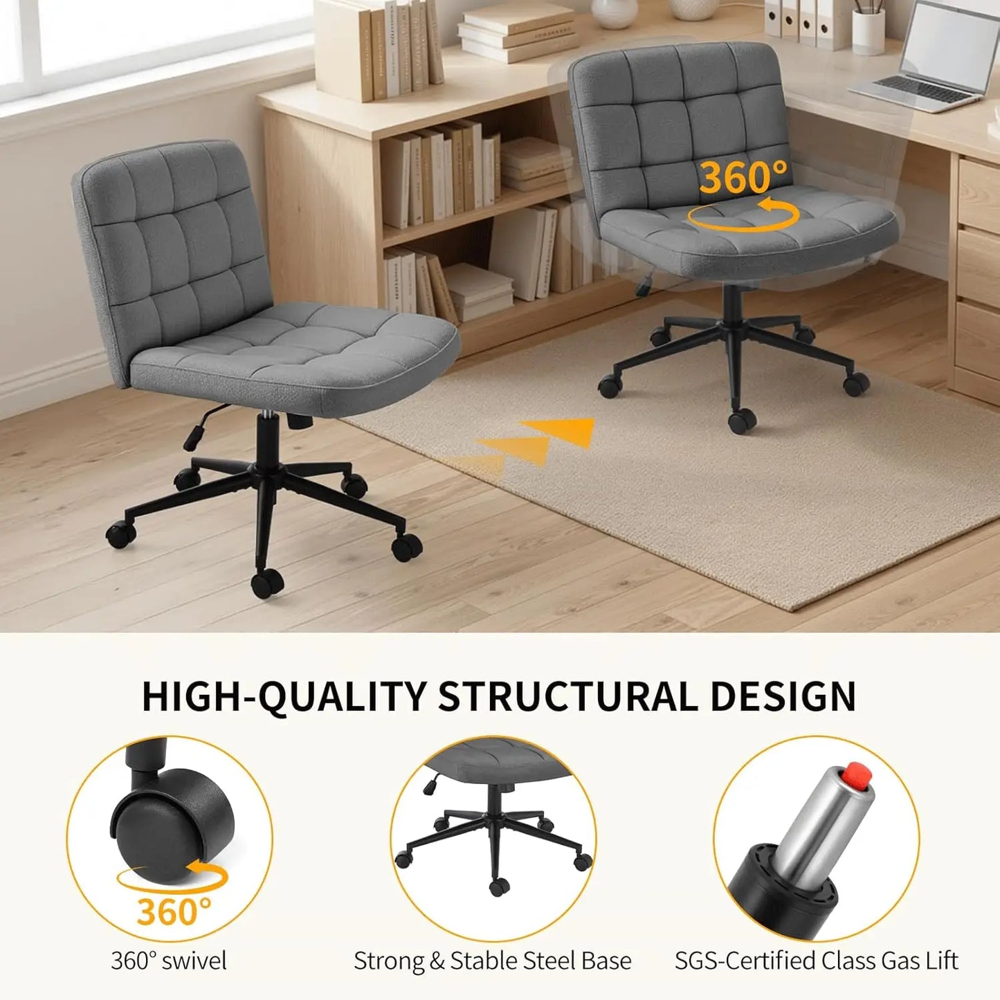 Criss Cross Legged Chair,Wide Comfy Office Desk Chair,Dual-Use with Wheels Computer Task Chair,Swivel Armless Vanity Rolling