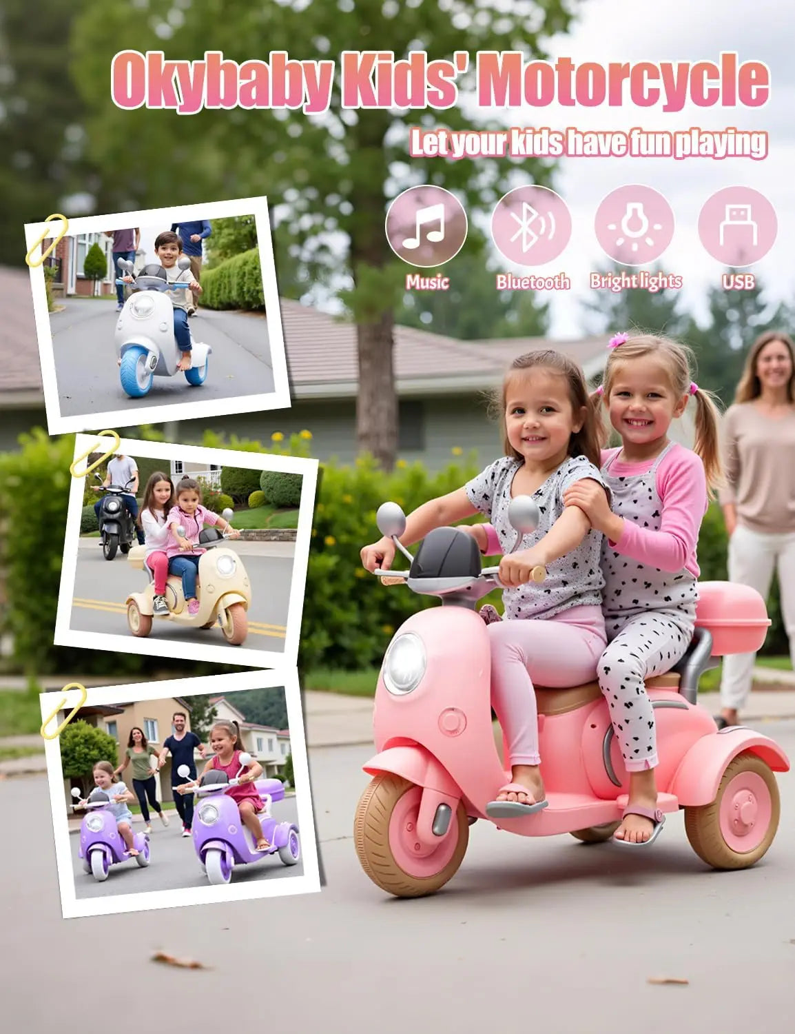12V Kids Electric Motorcycle Electric Bike for Toddler 3-6 3 Wheels Ride On Scooter with USB,Bluetooth,Lights 2 Seats Dual Motor