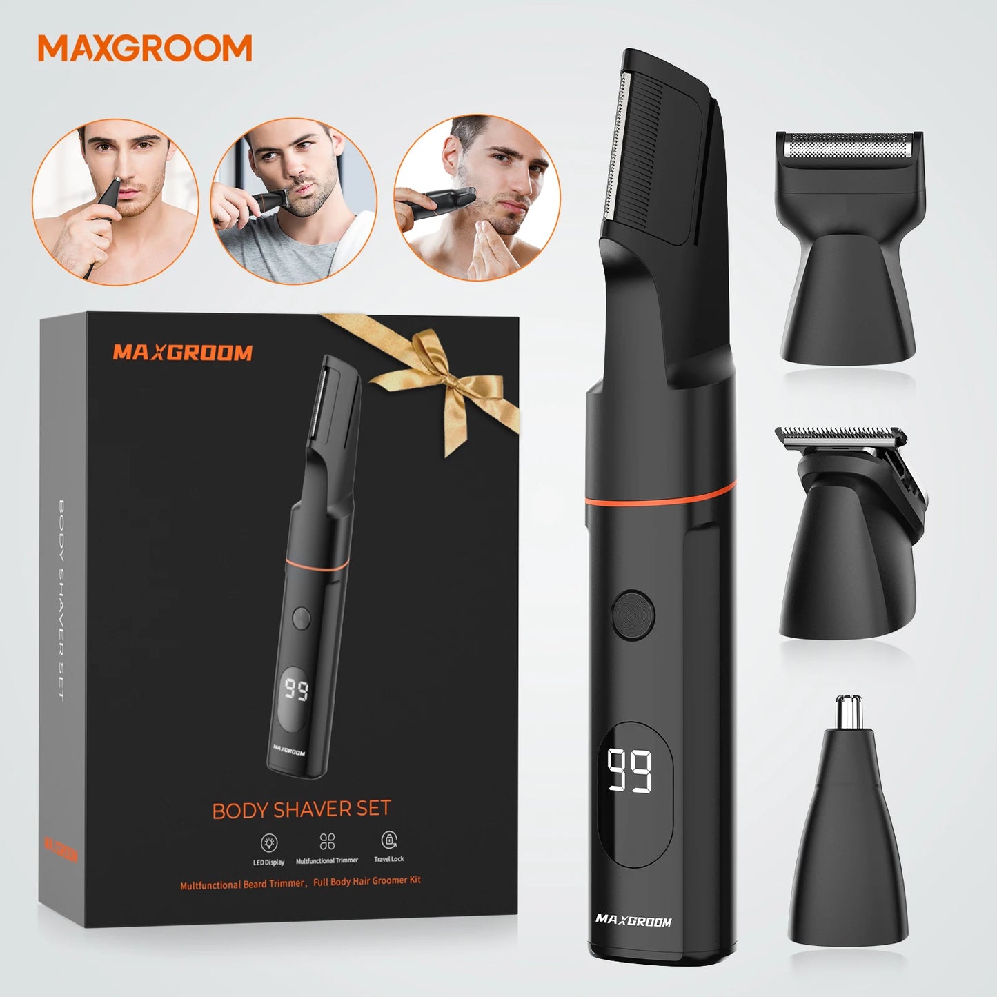 MAXGROOM 4 In 1 Body Hair Shaver Kits for Men Nose/Beard Hair Trimmer Electric  IPX6 Waterproof Groin Pubic Hair Shaver for Man