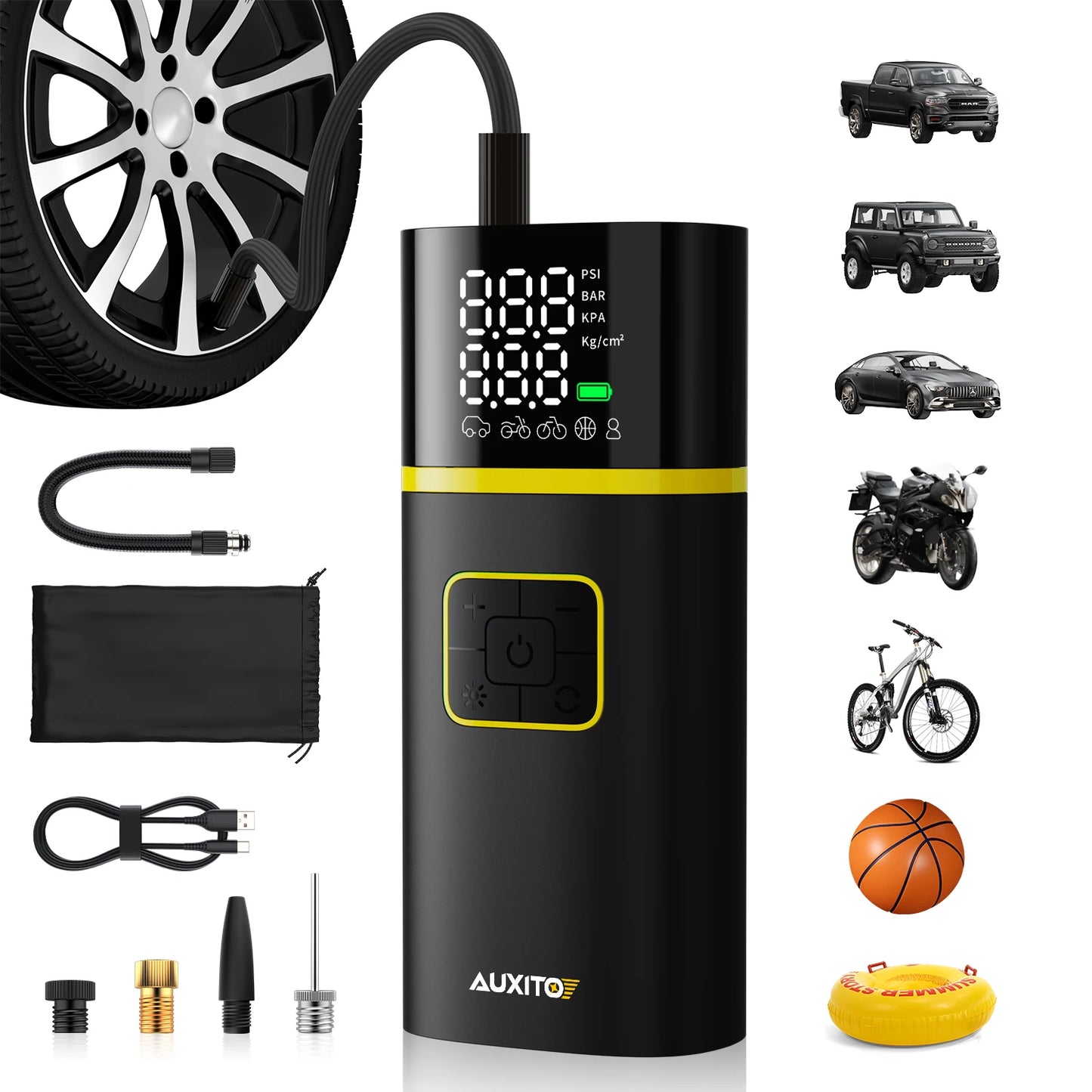AUXITO Rechargeable Air Pump Tire Inflator Portable Compressor Digital Cordless Car Tyre Inflator For Motocycle Bicycle Balls