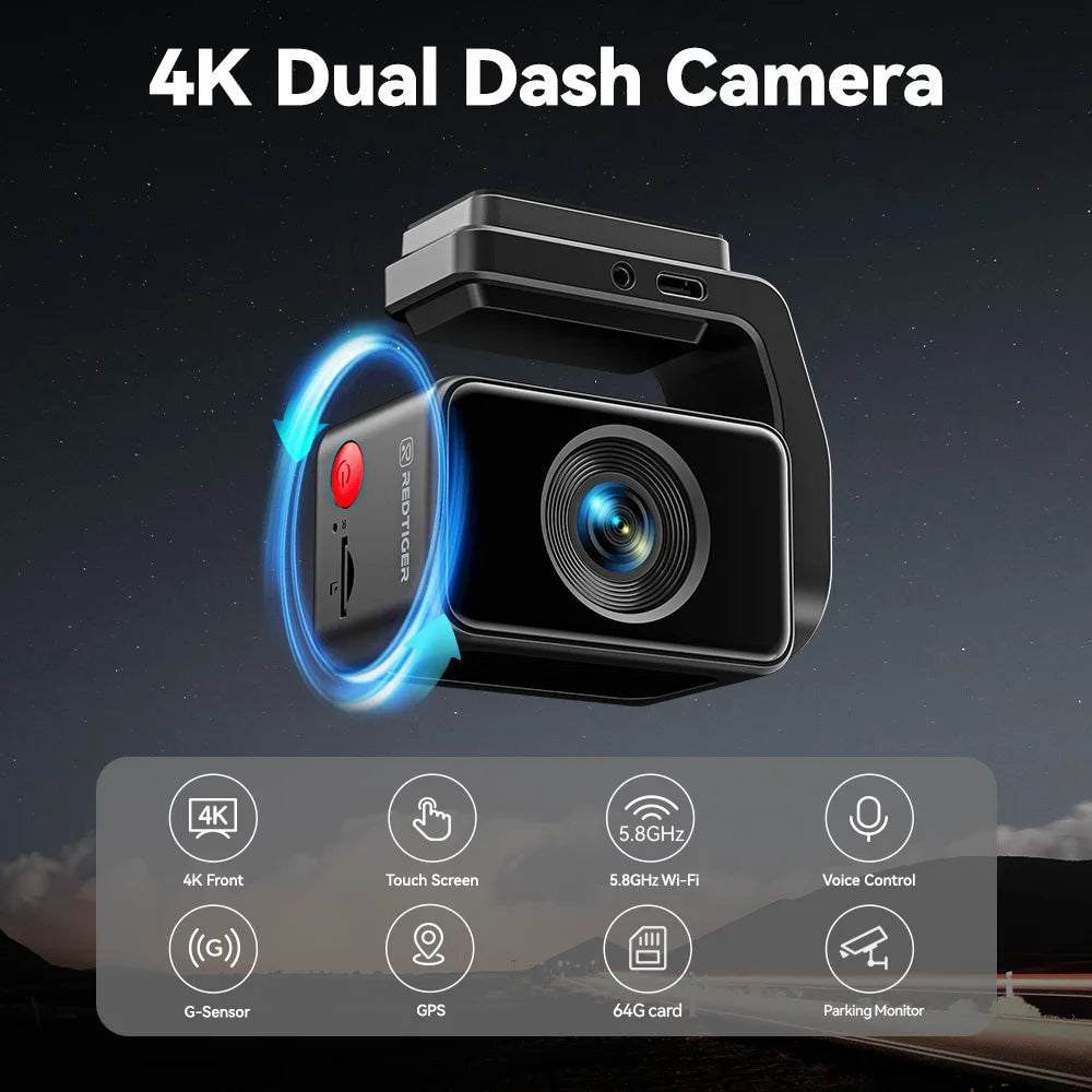 REDTIGER  Dash Camera Front and Rear 4k Dash Cam  Drive Recorder for WiFi GPS Car Dvr for 24H Parking Mode Black Box for Car