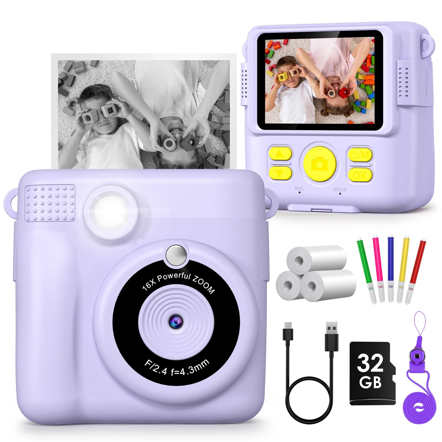 Kids Digital Camera 1080P HD Instant Print Camera Portable Camera Toy with 32GB Card Gift For Boys Girls 3-12