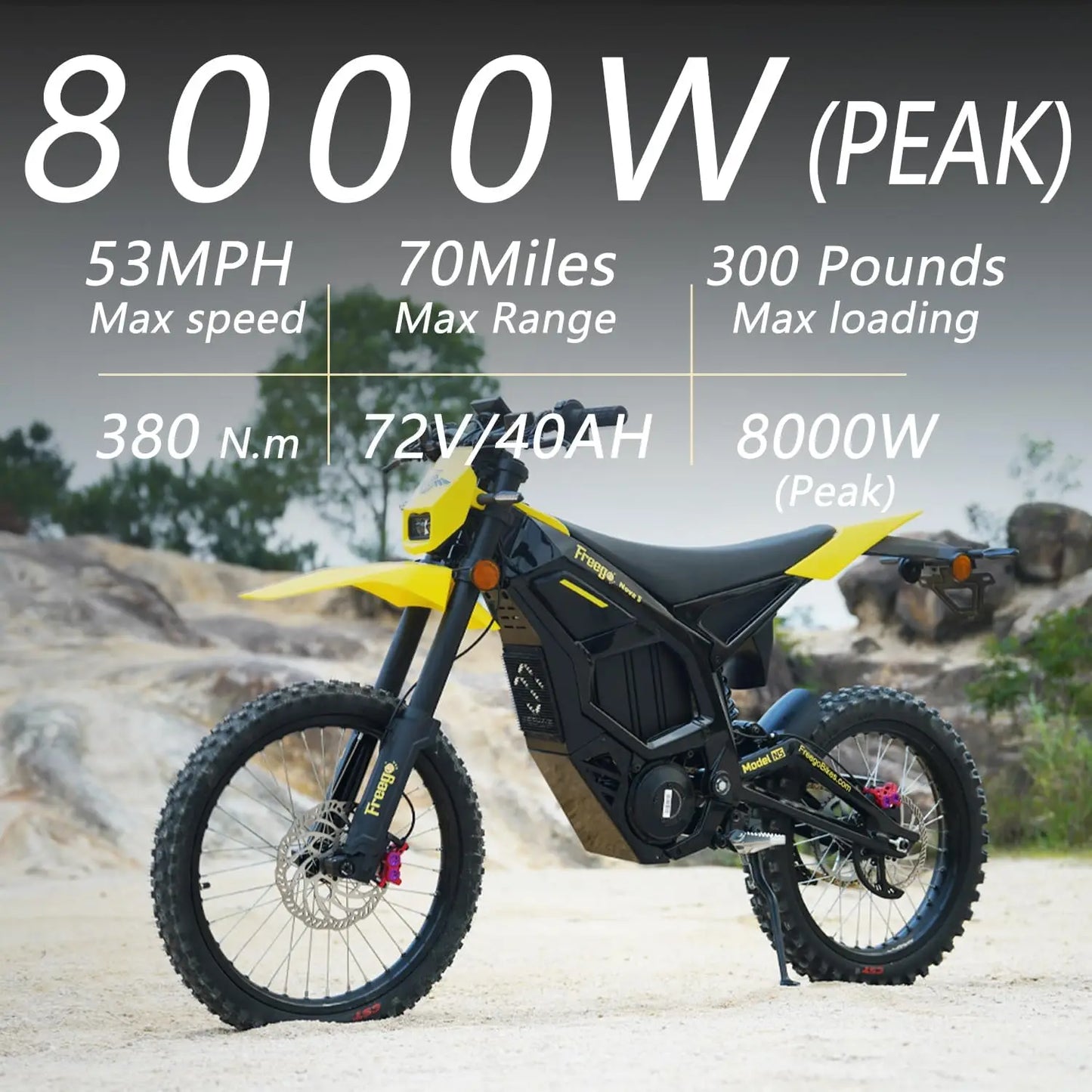 Freego Nova 5 Electric Dirt Bike Mid-Drive Motor 72V/40AH/8000W 53MPH Electric Motorcycle Bike Hydraulic Brakes Off-Road Bike