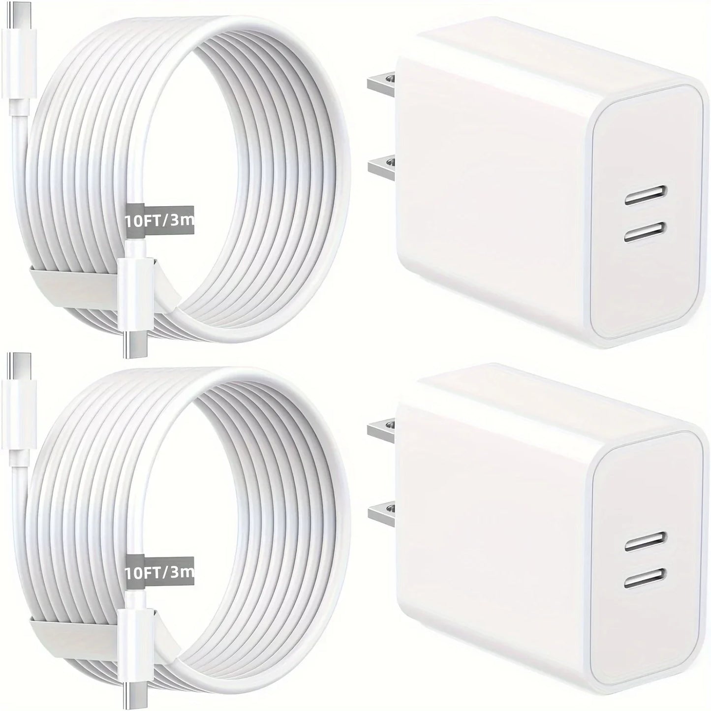 2 Pack 40W Dual Ports USB C Wall Charger Fast Charging For IPhone 15 Pro Max 15 Plus, IPad Pro Air Mini With 2X 10FT USB-C Cable