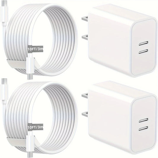 2 Pack 40W Dual Ports USB C Wall Charger Fast Charging For IPhone 15 Pro Max 15 Plus, IPad Pro Air Mini With 2X 10FT USB-C Cable