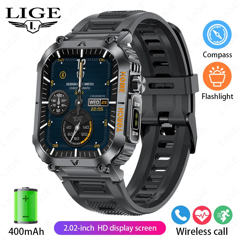 LIGE Men Smart Watch LED Flashlight Compass Watches 3ATM Waterproof 2.02'' HD Screen Military Sport Smartwatch 2025 Reloj Hombre