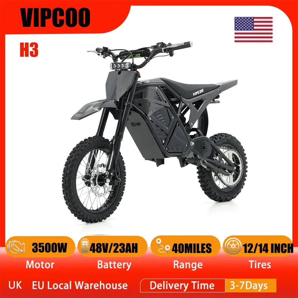 3500W Electric Motorcycle for Adults, H3 Off Road Motor Bikes Up to 40MPH / 45 Miles Range, 14"/12" Fat Tire Motorbike