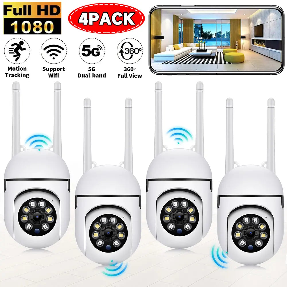 4pcs Ultra HD 1080P Wireless Security Cameras with Motion Tracking, Dual-Band WiFi & 5G, 360° View - Indoor/Outdoor Home Surveil