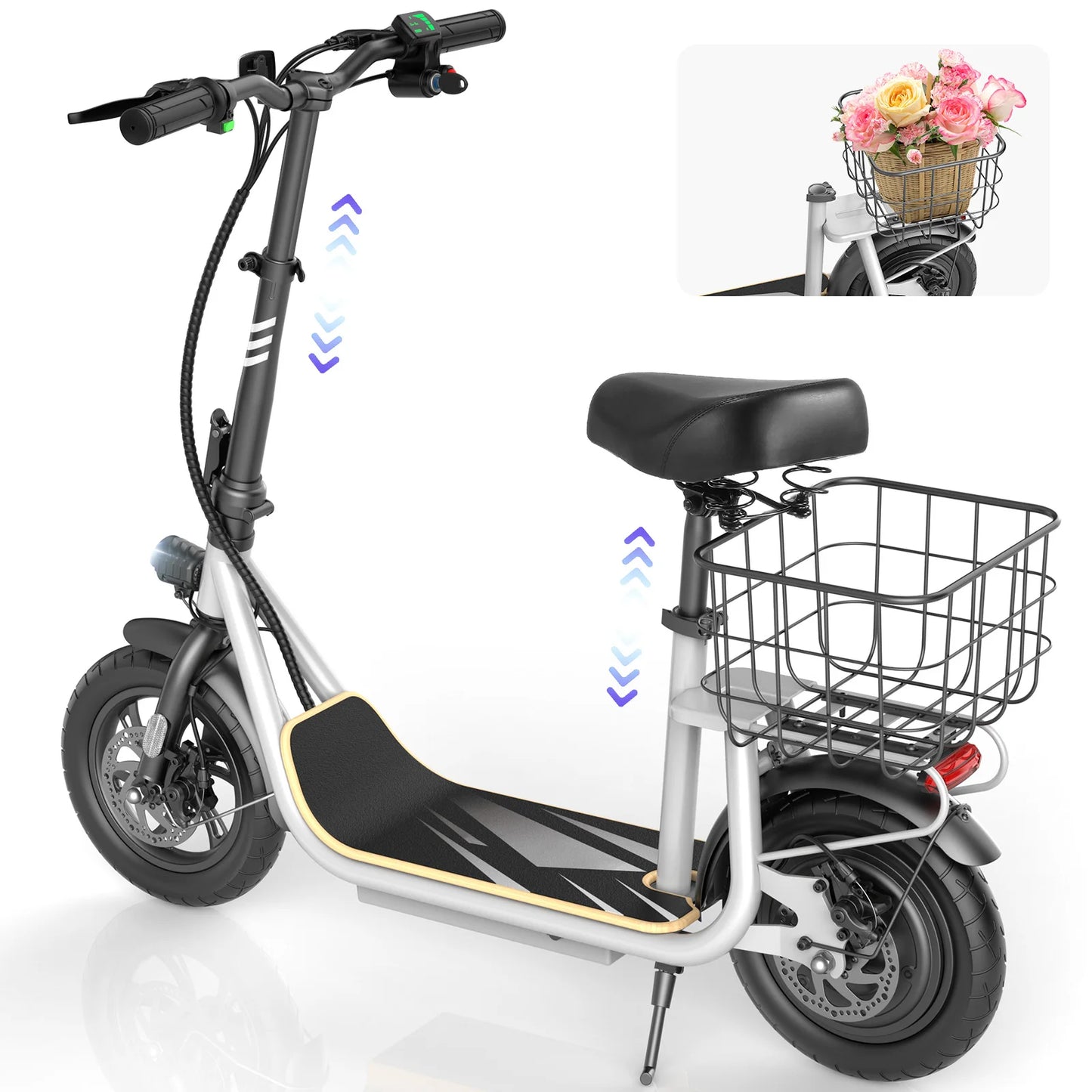Peak 1200W Motor Electric Scooter with Seat,Max 30 Miles Range,Foldable Scooter for Adult Commuting,Women Scooter with Basket