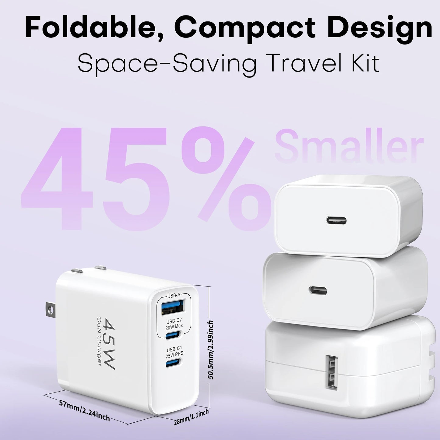 2packs 45W 3 Port USB Charger Type C Fast Charge Mobile Phone Adapter For iPhone Samsung Xiaomi Huawei Quick Charge Wall Charger