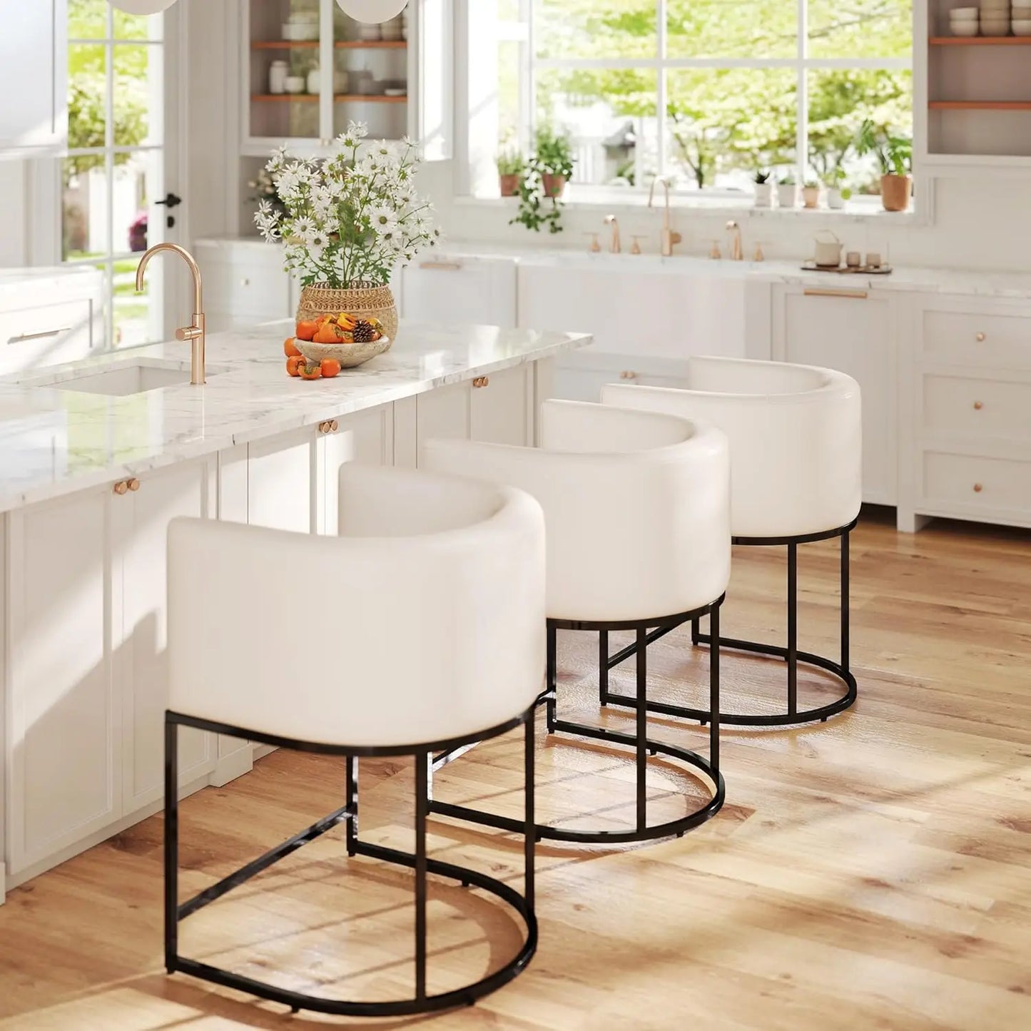 Modern Counter Height Linen Fabric Upholstered Counter Stools Set of 3, 24 Inch Kitchen Island Stool with Black, Customized