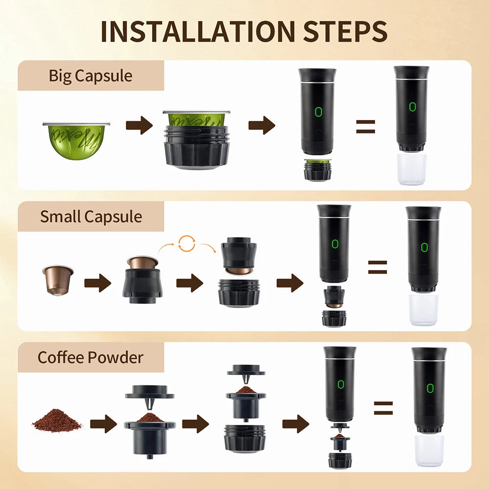 Wireless Electric Portable Espresso Coffee Machine for Car & Home Camping Coffee Maker 3-in-1 Capsule Powder Travel Coffee Maker
