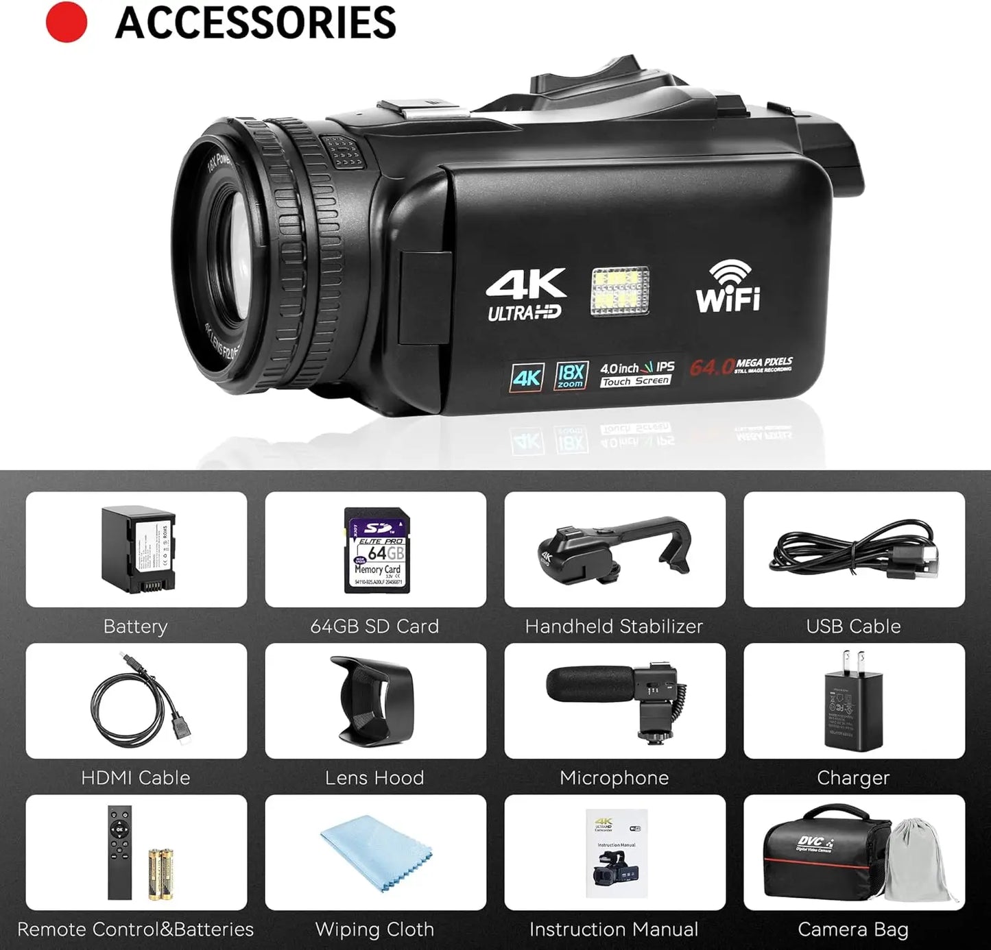 UHD 4k Video Camera Camcorder with 18X Digital Zoom,64MP Digital Camera Recorder,4.0-inch Rotating Touchscreen,64GB SD Card,Micr