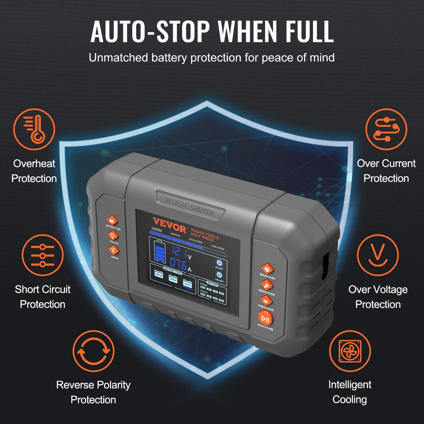 SucceBuy Smart Battery Charger 35-Amp Lithium LiFePO4  (AGM/Gel/SLA) LCD Display Trickle Charger for Boat Motorcycle Use