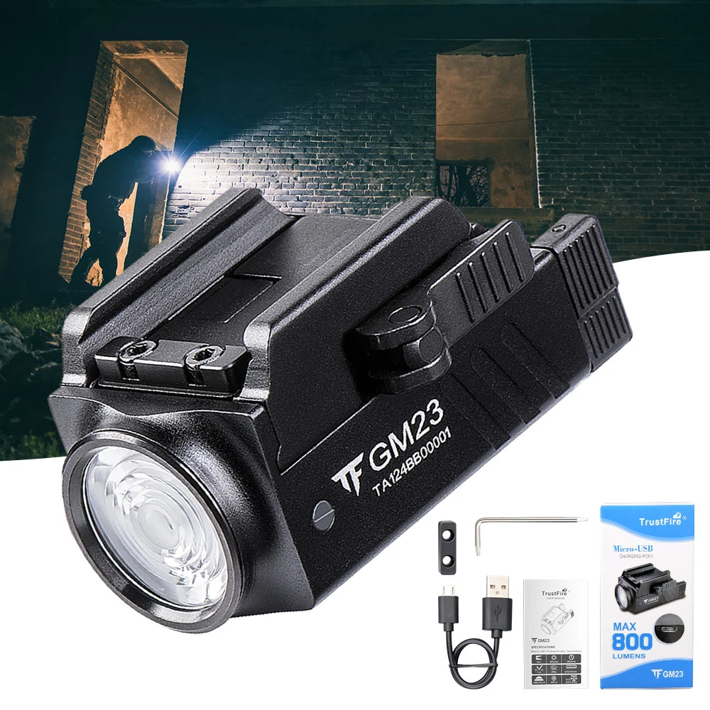 TrustFire GM23 Tactical LED Flashlight 800 Lumens GL0ck Light Rail Mounted USB Rechargeable Torch