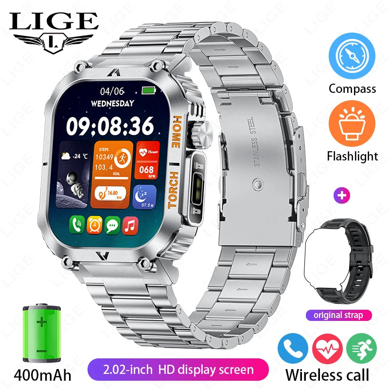 LIGE Men Smart Watch LED Flashlight Compass Watches 3ATM Waterproof 2.02'' HD Screen Military Sport Smartwatch 2025 Reloj Hombre