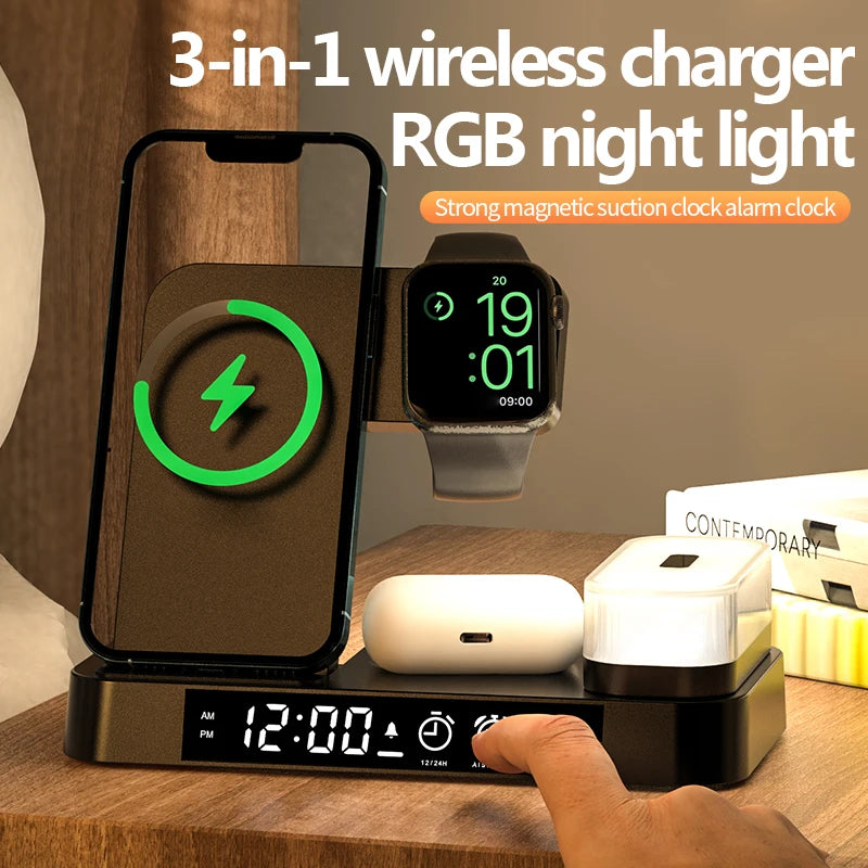 Multi-Function White Wireless Charging Dock with Time Display Alarm Clock And Nightlight Wireless Charger for Samsung Phones