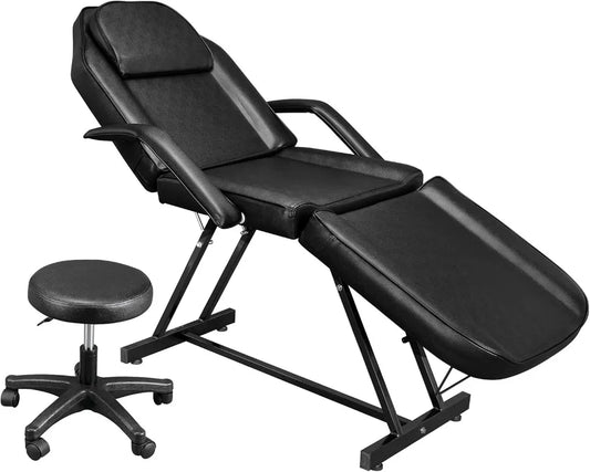 Hydraulic Adjustable 3-Section Salon Spa Massage Tattoo Chair Bed with Stool, Black Beauty Equipment