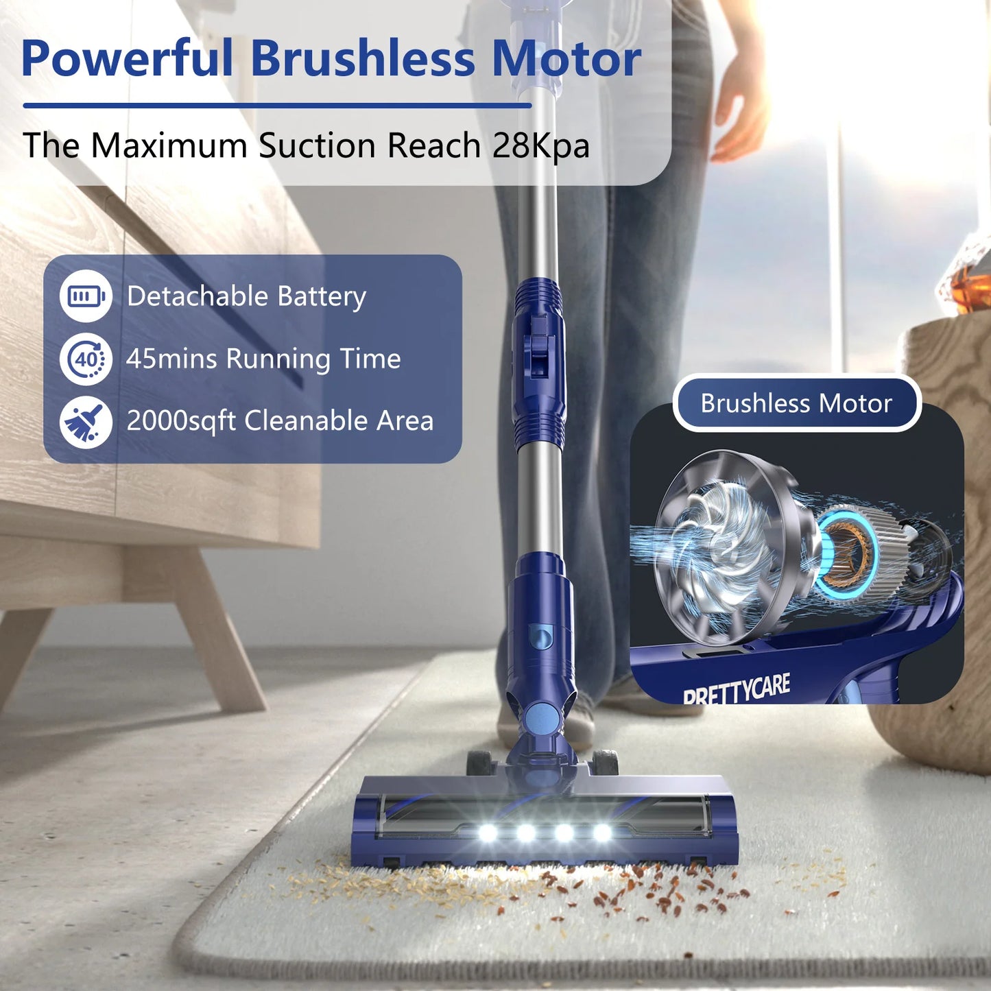 PrettyCare P1 Cordless Vacuum Cleaner 45 Mins 28Kpa Powerful Stick Vacuum with Brushless Motor LED Touch Display