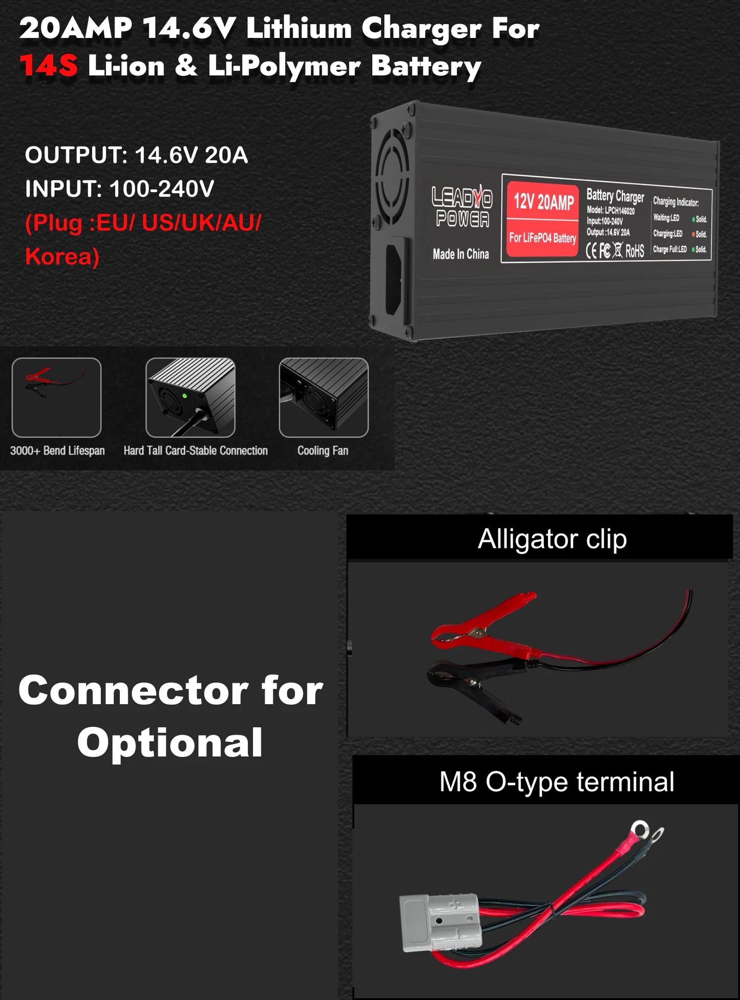 14.6V 20A Smart Lifepo4 Battery Charger 4S 12V High Power For Lithium iron Phosphate LFP RV Battery Pack 14.6V Smart Charger
