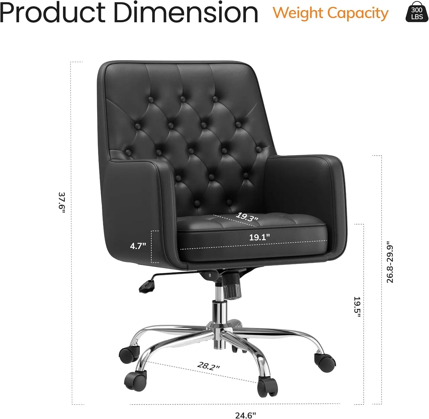 Home Desk Chair with Armrest,Leather Swivel Office Chair Adjustment Height with Wheels,Comfortable Padded Seat,Black