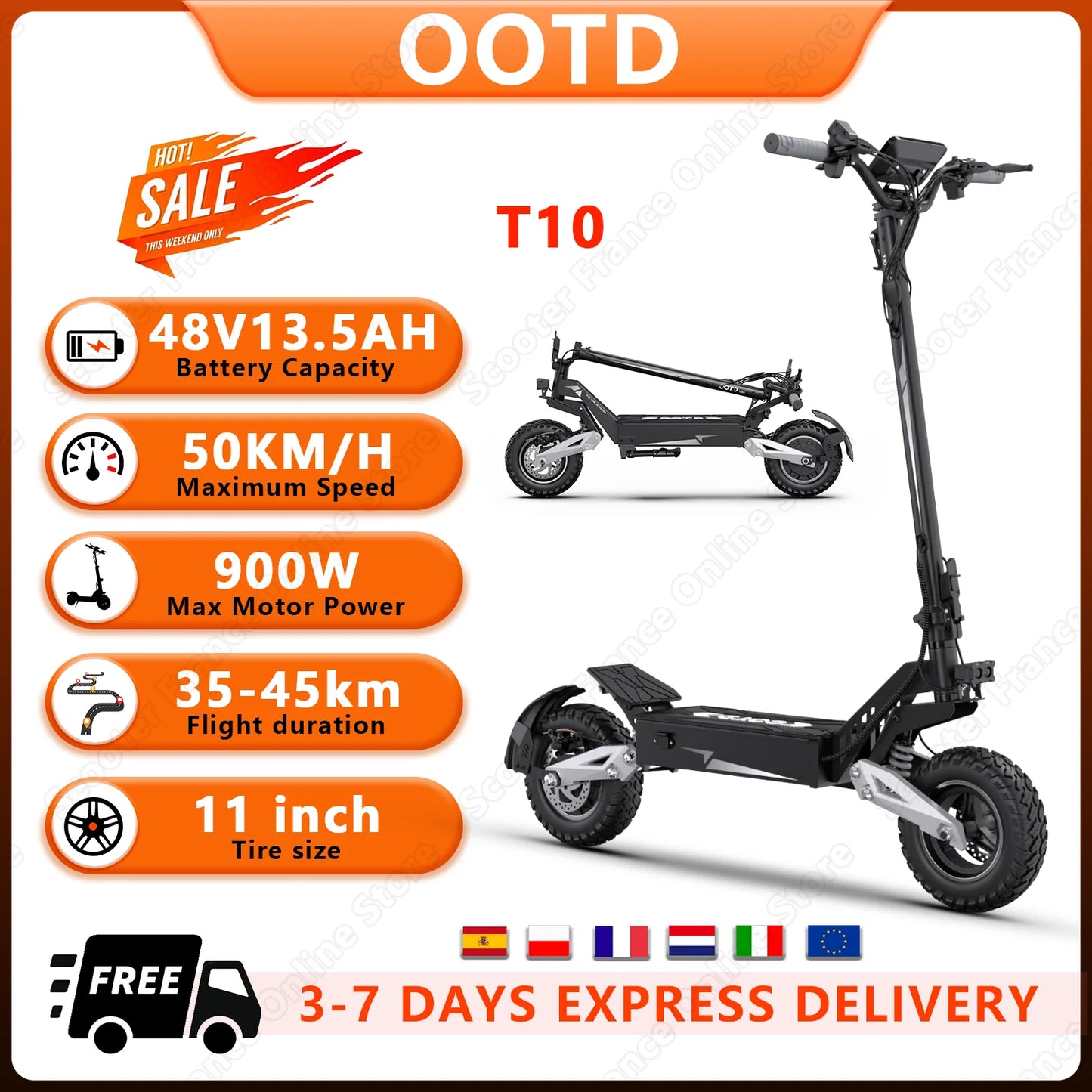 T10 E-Scooter 900W Peak Motor 48V13.5Ah Lithium Battery Large Screen LED Display Electric Scooter 11-inch Tire Scooters Electric