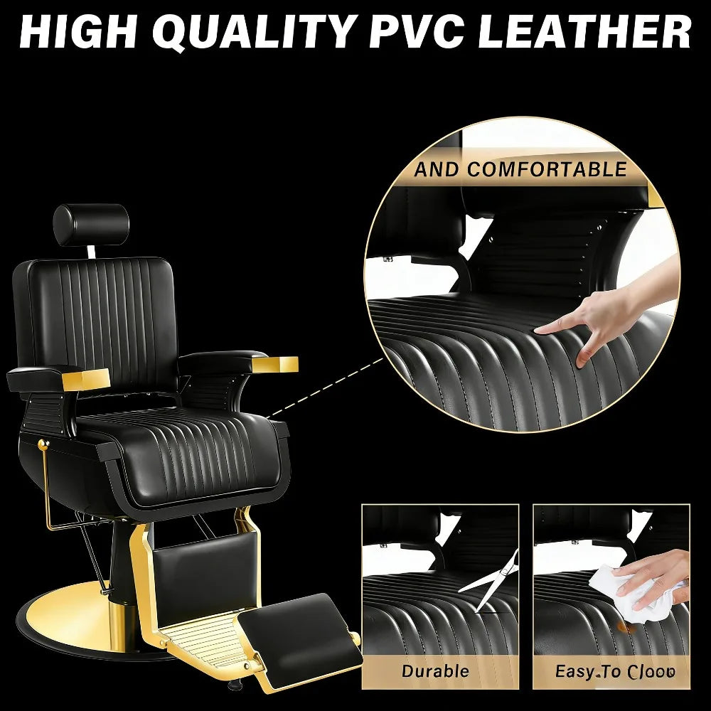 Black Gold Barber Chair, Reclining Salon Chair Hair Stylist, Barber Chairs for Barbershop Supports up to 500lbs, Professional Sa