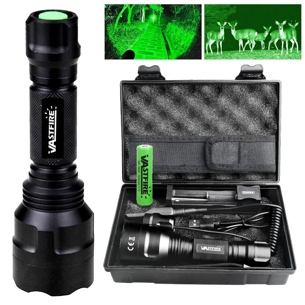 Tactical Hunting Flashlight White/Green/Red Light Torch LED Rifle Lantern+Pressure Switch+Rail Scope Mount+18650+USB Charger