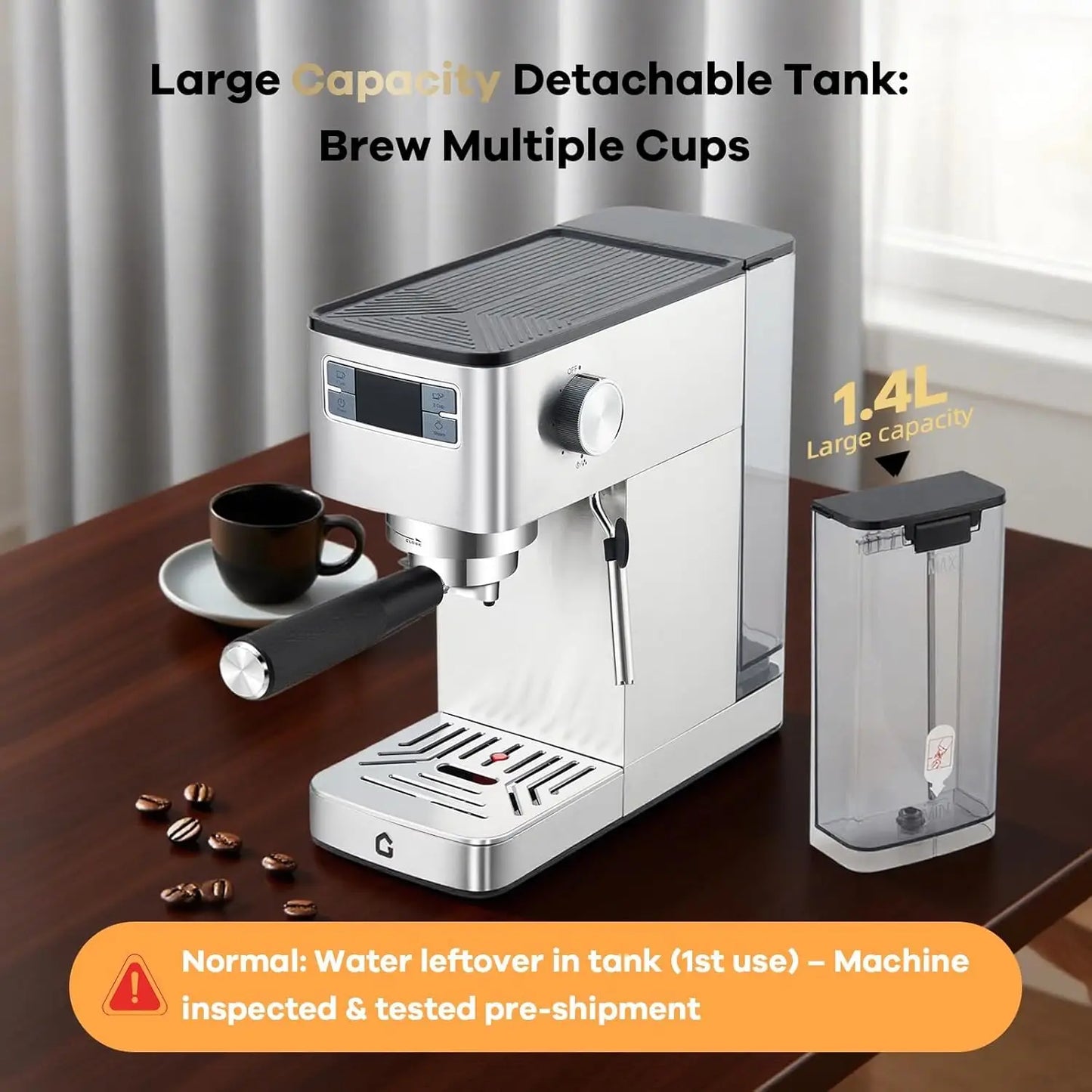 Espresso Machine 20 Bar Semi-Automatic Stainless Steel Adjustable Grinder/Steam Milk Frother Compact Home Ofiice Coffee Maker