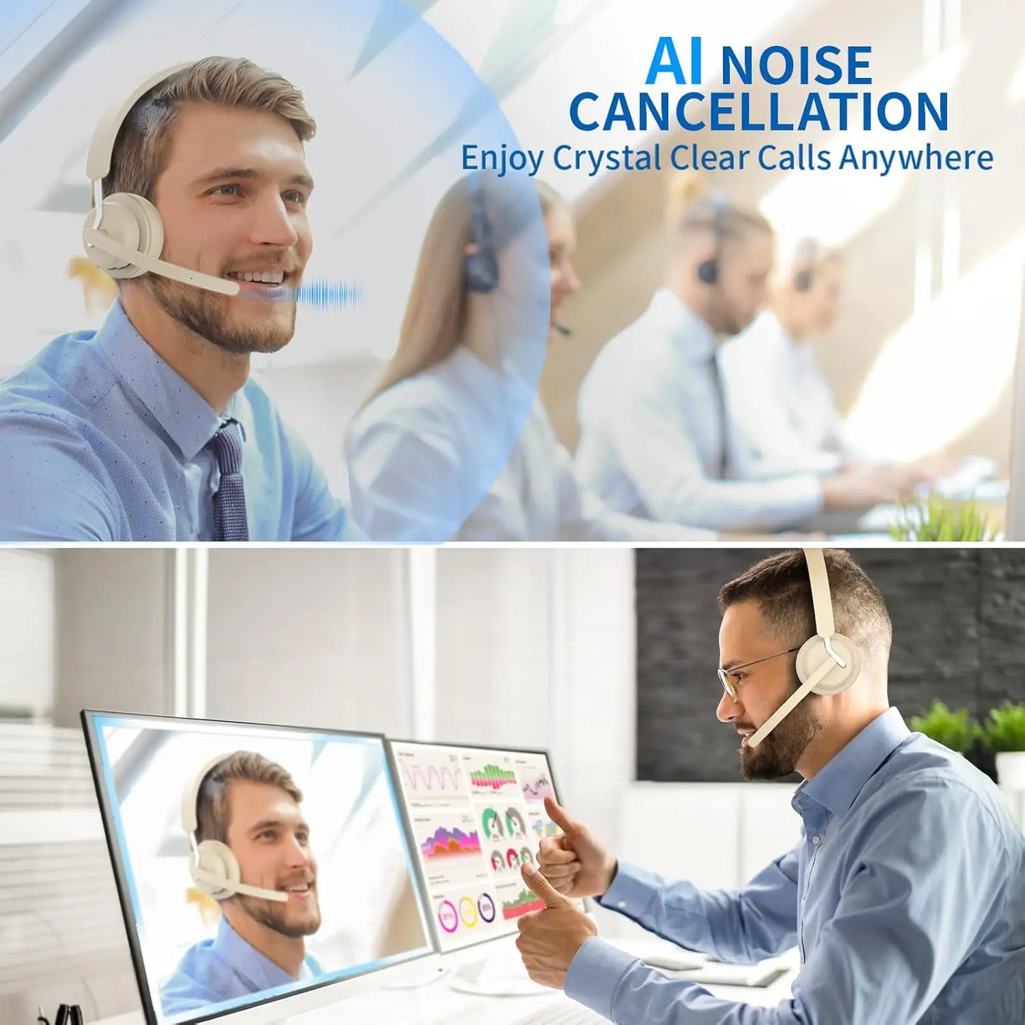 AWATRUE EH11 Wireless Bluetooth Headset with Charging Base AI Noise Cancelling Mic 2.4GHz Wireless Headphone with USB Dongle