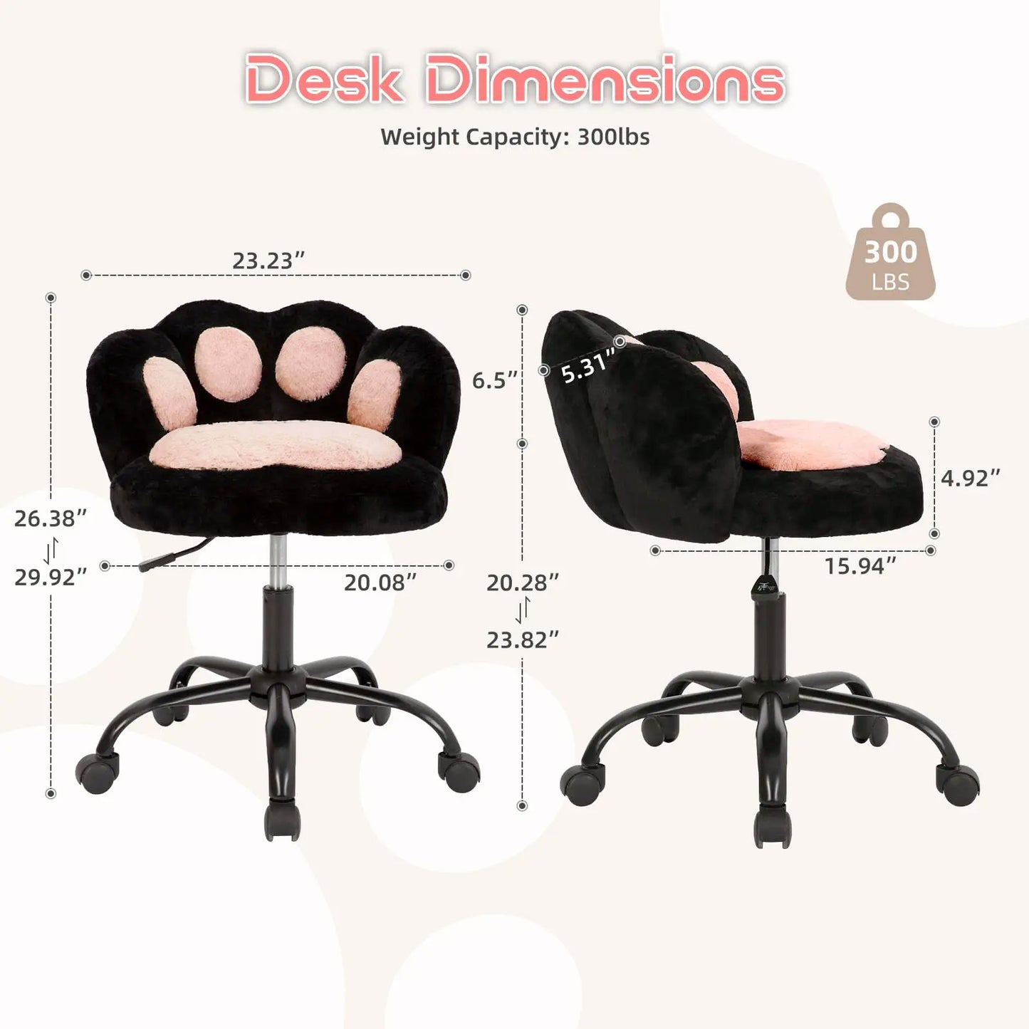 Vanity Chair with Wheels,Cute Cat Paw Office Chair with Back,360°Rotating Height Adjustable Armless Chair in Vibrant Color
