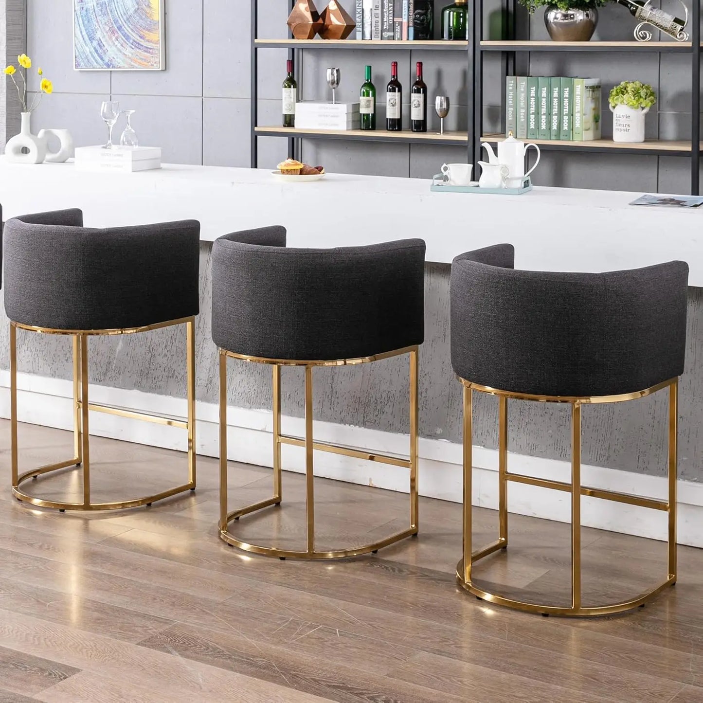 Modern Counter Height Linen Fabric Upholstered Counter Stools Set of 3, 24 Inch Kitchen Island Stool with Black, Customized