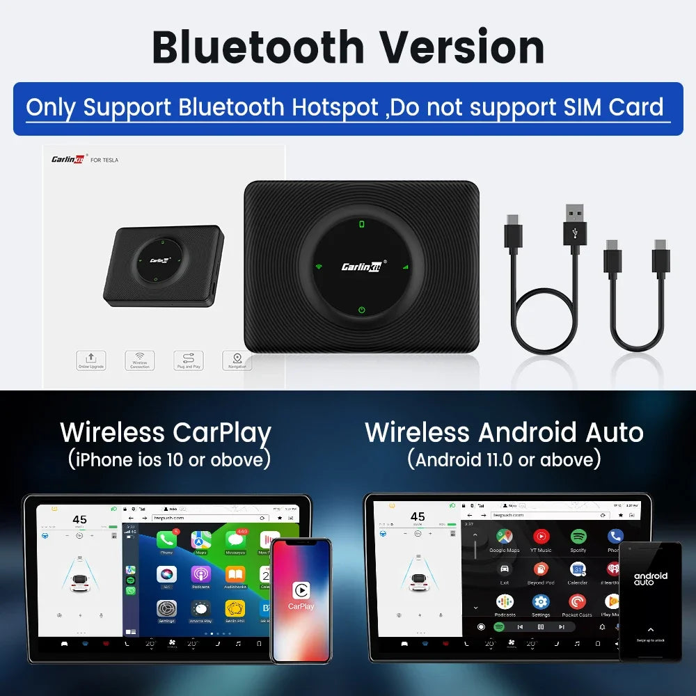 CarlinKit Wireless CarPlay Android Auto For Tesla Model 3 Model X Y Model S Auto Connect Siri Voice Assistant Spotify Waze 5G BT