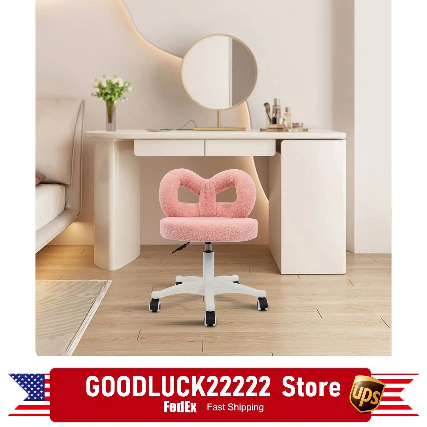 Vanity Chair, Pink Fluffy Boucle Swivel Desk Chair with Sturdy Iron Frame, High-Resilience Sponge Padding, Durable Makeup Stool