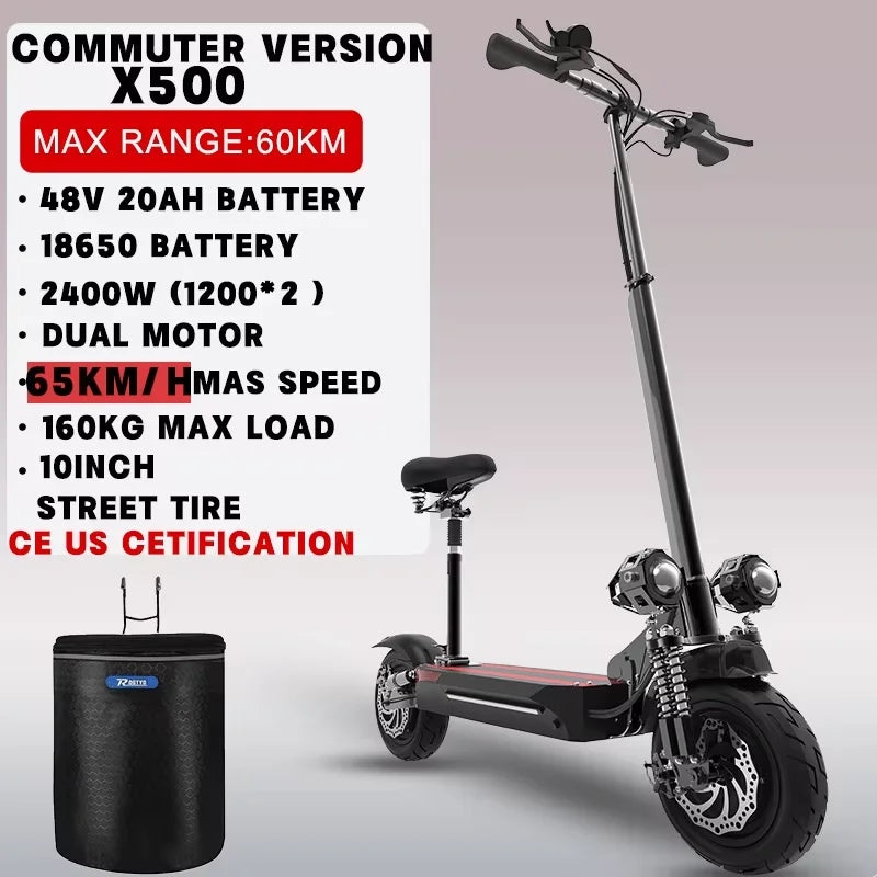 35-53MPH ELectric Scooter for Adults SINGLE/DUAL MOTOR Folding E Scooter with Removable Seat 10/11inch Street/Off-Road Tire