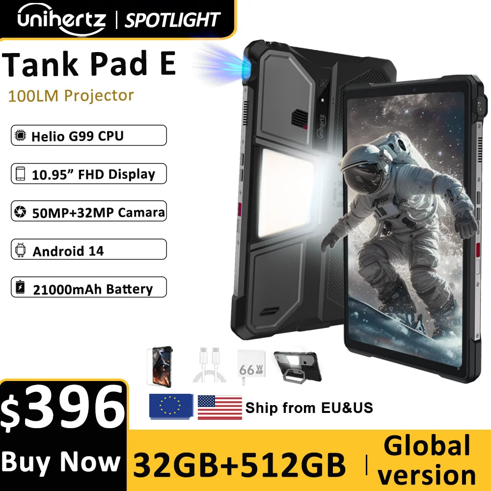 Unihertz 8849 TANK PAD E Rugged Tablet with Projector Android 21000mAh 120Hz 50MP Camera 24GB 512GB 66W 10.95 inch Phone Tablet