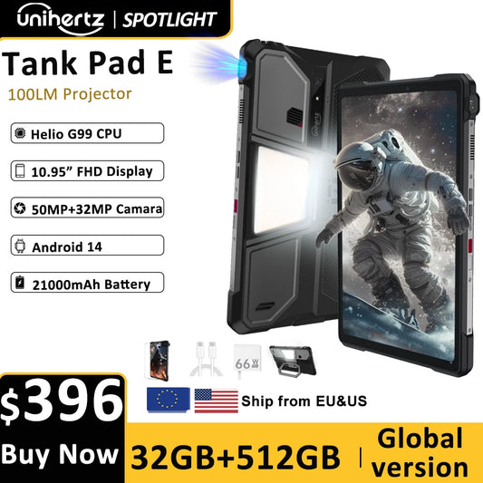 Unihertz 8849 TANK PAD E Rugged Tablet with Projector Android 21000mAh 120Hz 50MP Camera 24GB 512GB 66W 10.95 inch Phone Tablet
