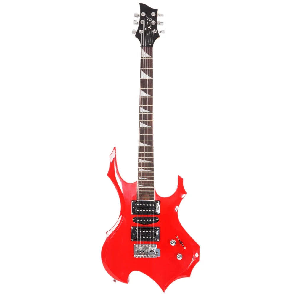 Red Flame Shaped Electric Guitar with 20W Electric Guitar Sound HSH Pickup Novice Guitar Bag Strap Picks Shake Cable Wrench Tool