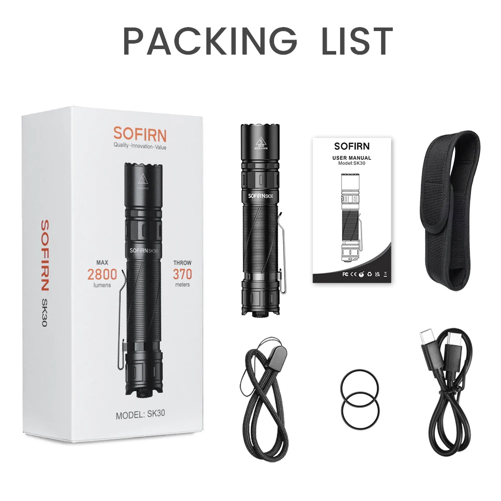 SOFIRN SK30 3000 High Lumen 6000K Tactical Flashlight USB C 21700 Rechargeable Pocket Torch with Dual Tail Switches
