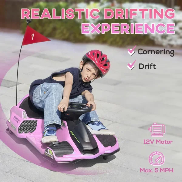 12V Electric Go Kart, 5 MPH Drifting Car, Battery Powered Ride-on Toy with Music & Lights, Pink, for 8-12 Years Old