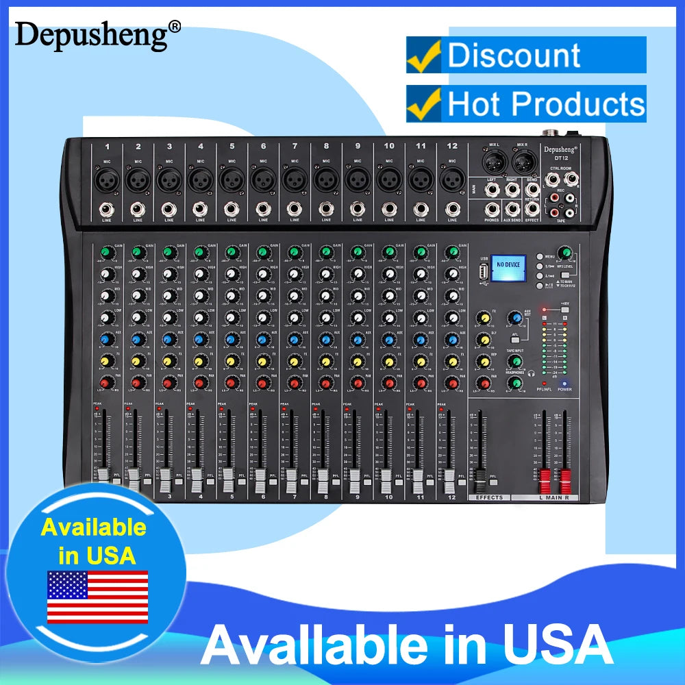 Professional Audio Sound Mixer Depusheng DT12 Channel Bluetooth USB 48V Phantom Mixing Console for PC DJ Amplifier Karaoke