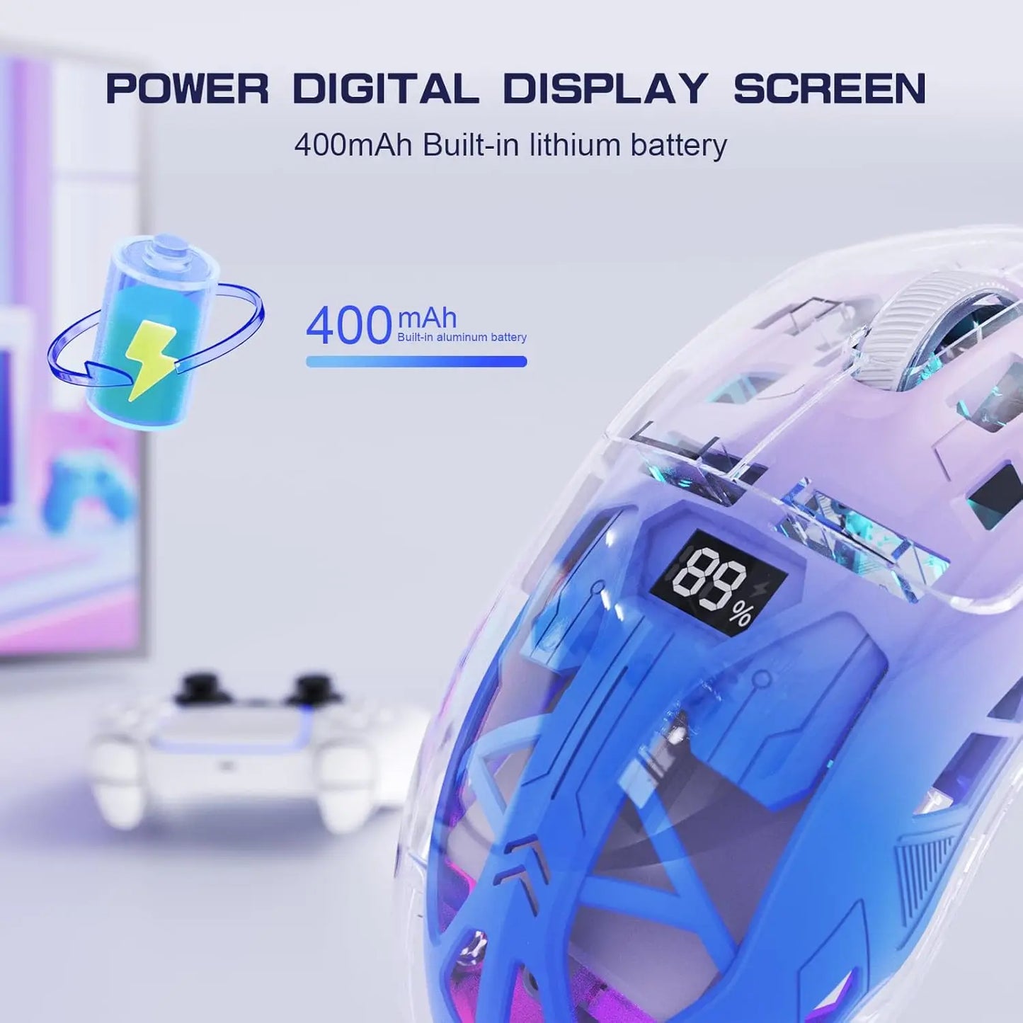 A2 Transparent Wireless Gaming Mouse, BT 5.0/2.4G PC Rechargeable RGB Mice with Digital Screen,PixArt 3212, 5 Adjustable DPI