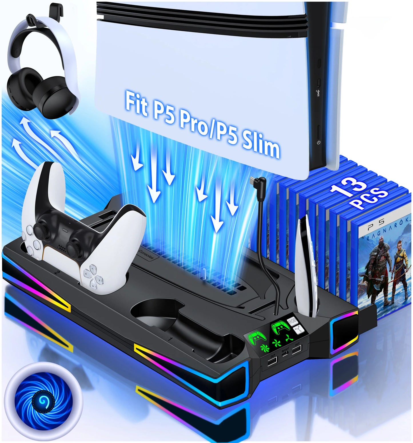 BEBONCOOL S7001 Vertical Stand For NEW PlayStation 5 Slim/PlayStation 5 Cooling Station Notebook-Grade Cooler PS5 Charger