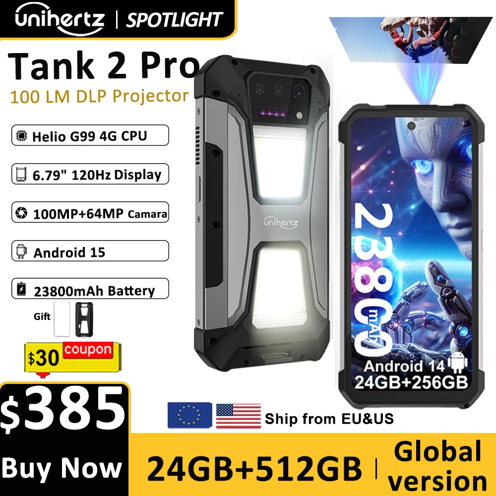 Unihertz Tank 2 PRO 8849 Rugged phones with Projector 2.4K 23800 mAh 24GB+512GB Android 14 100MP NFC 120W G99 Octa Core Dual SIM